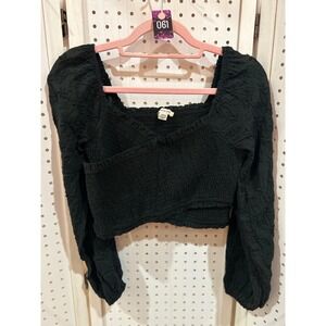 American Eagle Black Smocked Square Neck Puff Sleeve Crop Top M